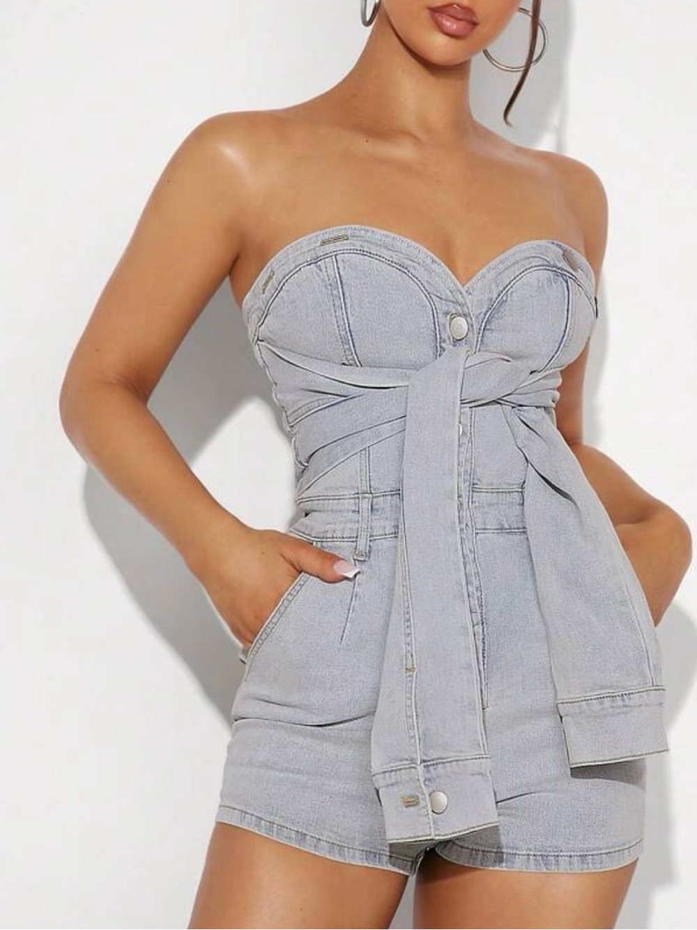 Light Wash Tie Denim Romper
